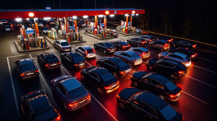 Fototapeta premium Numerous cars lined up at a well-lit gas station during nighttime, with visible red taillights and fuel pumps under a canopy.