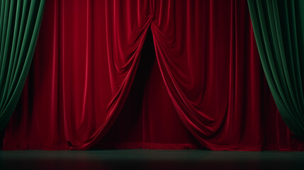 Deep red silk velvet curtain unfurling on stage, adding a luxurious and cinematic touch.