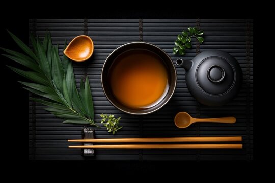 Traditional Japanese tea ceremony in a tatami-matted room, with tea tools and calm ambiance