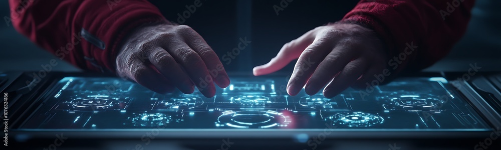 Leinwandbilder A focused pair of hands interacts with a glowing touchscreen display, showcasing advanced technology and digital interfaces.