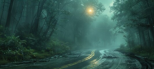 Fototapeta premium A winding road through a misty forest, illuminated by a soft streetlight. The scene is tranquil yet eerie, with lush greenery and wet pavement reflecting the light