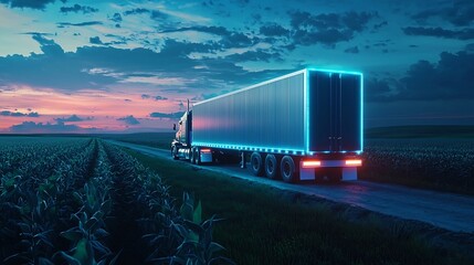 Futuristic Refrigerated Trailer Transporting Perishable Goods Through Automated Agricultural Landscape