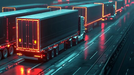 Convoy of Glowing Semi Trucks Moving Through Futuristic Automated Toll System