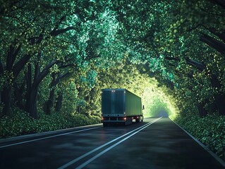 Glowing Tree Lined Tunnel Transporting Semi Truck Through Digital Forest