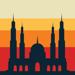 Ramadan background of silhouette mosque in sunset for islamic design