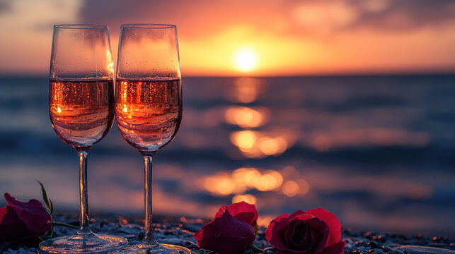 Two champagne glasses sparkle in warm glow of romantic sunset on beach, surrounded by red roses, creating perfect Valentine Day setting