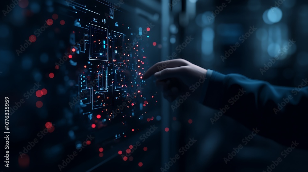 Poster A hand interacts with a glowing digital interface, showcasing intricate network connections and vibrant data visualization in a dark environment.