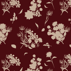 Simple monochrome two-color seamless pattern with flowers silhouette.