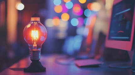 A glowing light bulb on a desk with a computer in the background