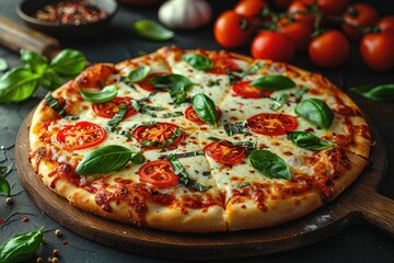 Close-up of a Pizza with Tomato, Basil, and Mozzarella Cheese