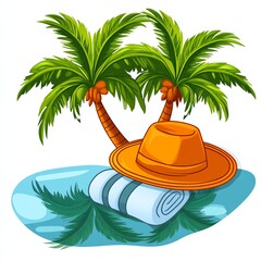 A tropical scene featuring palm trees, a sunhat, and a rolled towel beside calm water, evoking relaxation and vacation vibes.