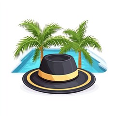 A stylish black hat rests in front of a serene swimming pool bordered by lush palm trees, evoking a tropical getaway vibe.