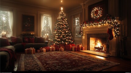 Obraz premium A festive Christmas tree adorned with lights and ornaments stands beside a cozy fireplace in a warmly lit room