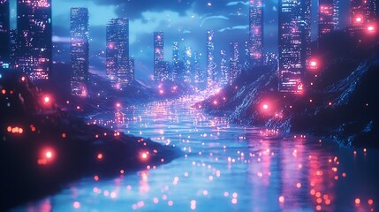 Obraz premium Glowing Futuristic River Flowing Through a City Symbolizing the Continuous Flow of Information and Knowledge