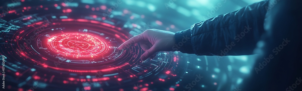 Poster A glowing digital interface shows a hand reaching toward a vibrant circular pattern of lights, blending technology and creativity in a futuristic setting.