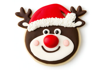 Christmas reindeer cookie with santa hat and red nose isolated on white background.