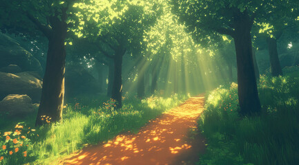 Fototapeta premium Sunlight Streaming onto a Forest of Orange and Green Leaves