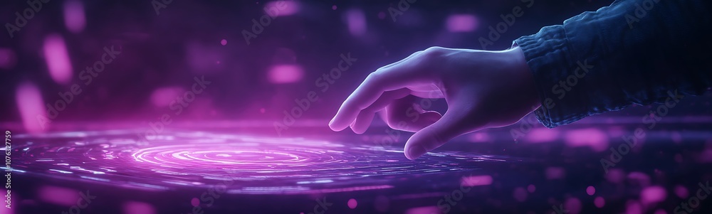 Poster A glowing hand reaches towards a vibrant, rippling surface, surrounded by floating particles, creating a magical and immersive atmosphere.