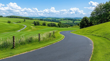 Naklejka premium scenic bike ride through countryside with winding roads and lush green fields under bright blue sky. peaceful landscape invites exploration and relaxation