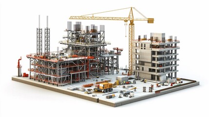A detailed 3D model of a modern construction site, complete with cranes, scaffolding, and tools, isolated on a white background.