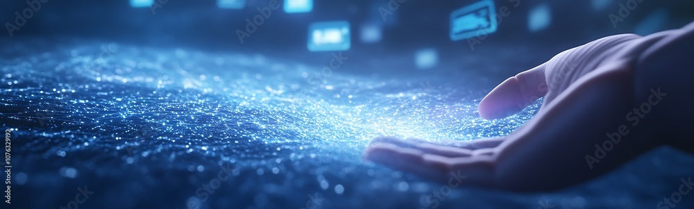 Poster A hand reaches out towards a glowing digital landscape filled with interconnected data points, symbolizing technology and innovation.