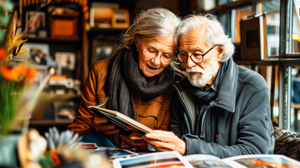 A Love Story in Every Page: An elderly couple shares a tender moment while looking at a photo album, their faces reflecting a lifetime of shared experiences and memories. 
