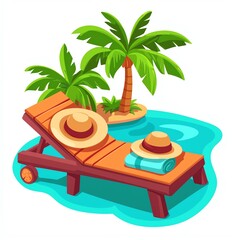 A vibrant illustration of a beach scene featuring a lounge chair, palm trees, and straw hats, evoking a relaxing tropical getaway.
