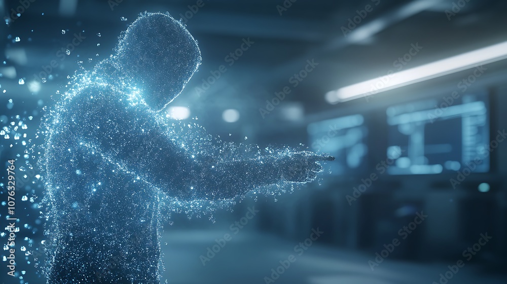 Poster A digital silhouette of a person formed from glowing particles, suggesting themes of technology, simulation, and futuristic concepts.