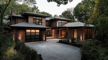 Modern two-story brick house with large windows surrounded by lush greenery and a paved driveway during dusk.