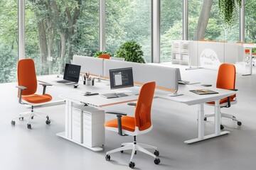 Fototapeta premium Modern Office Workspace with White Desks and Orange Chairs