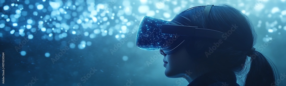 Poster a woman wearing a virtual reality headset is immersed in a digital environment illuminated by shimme