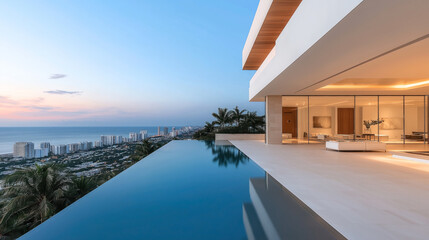 Fototapeta premium Modern luxury villa with infinity pool overlooking city skyline and ocean at sunset, featuring elegant architecture and large glass windows offering panoramic views.