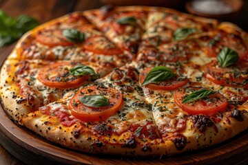 Close-up of a Tomato and Basil Pizza on a Wooden Plate