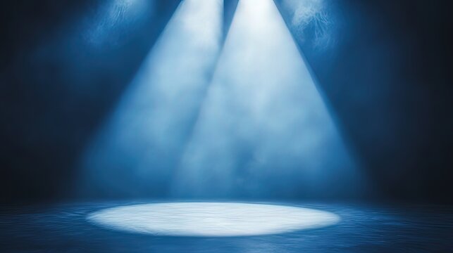 Two blue spotlights shining through smoke on a dark background.