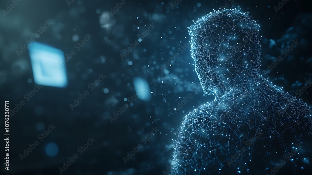 Aufkleber A digital figure composed of glowing particles, representing a human silhouette, set against a dark background with computer screens.
