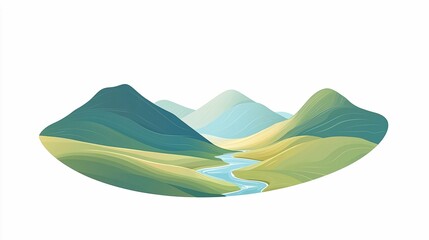 Stylized glen illustration featuring a serene valley with rolling hills and a meandering stream, set against a white background.