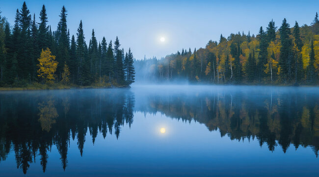 Remote Forest Lake Under a Bright Moon with Rolling Clouds