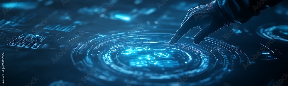 Aufkleber A glowing hand interacts with a circular pattern of digital data, creating vibrant ripples in a futuristic blue-green environment.