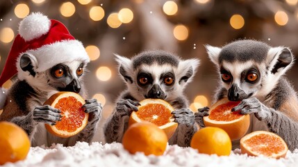 Three playful lemurs enjoy citrus fruits, wearing festive accessories, amidst a sparkling background, creating a cheerful holiday vibe.