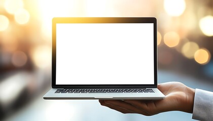 A person holds a laptop with a blank screen against a blurred background.