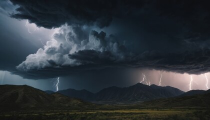 dramatic thunderstorm over a mountain range, dark and moody