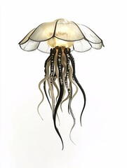A detailed 3D illustration of a jellyfish with flowing tentacles and a glowing umbrella-shaped bell, isolated on a white background.