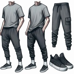 Tapered Sweatpants Longline T Shirt Slip on Sneakers
