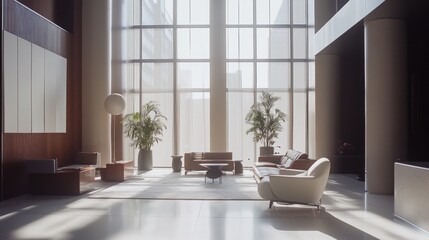 Fototapeta premium Modern lobby with large windows, plants, and stylish furniture.