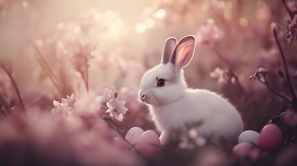 Obraz premium White bunny amid spring cherry blossoms with Easter eggs on grass, perfect for holiday cards, spring celebration and seasonal greeting design, banner horizontal with copy space