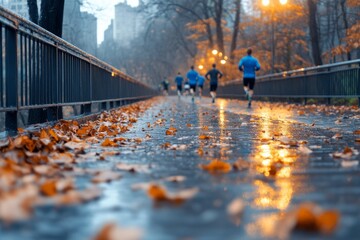 Obraz premium The morning running club begins their training session on the town trail. Generative AI