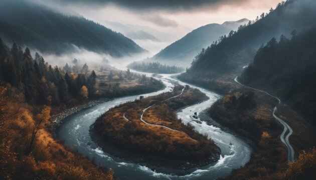 foggy mountain landscape with a winding river below, mysterious vibe