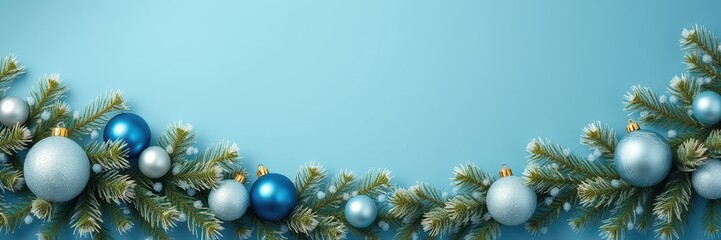 A border of fir branches and blue and silver ornaments on a light blue background