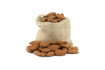Sack filled with raw almonds isolated on white background