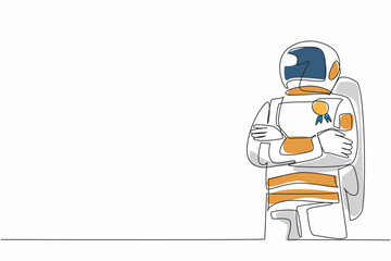 Continuous one line drawing an astronaut stands with arms crossed, a medal pinned to the chest. Spirit of exploration. Success. Employee Appreciation Day. Single line draw design vector illustration